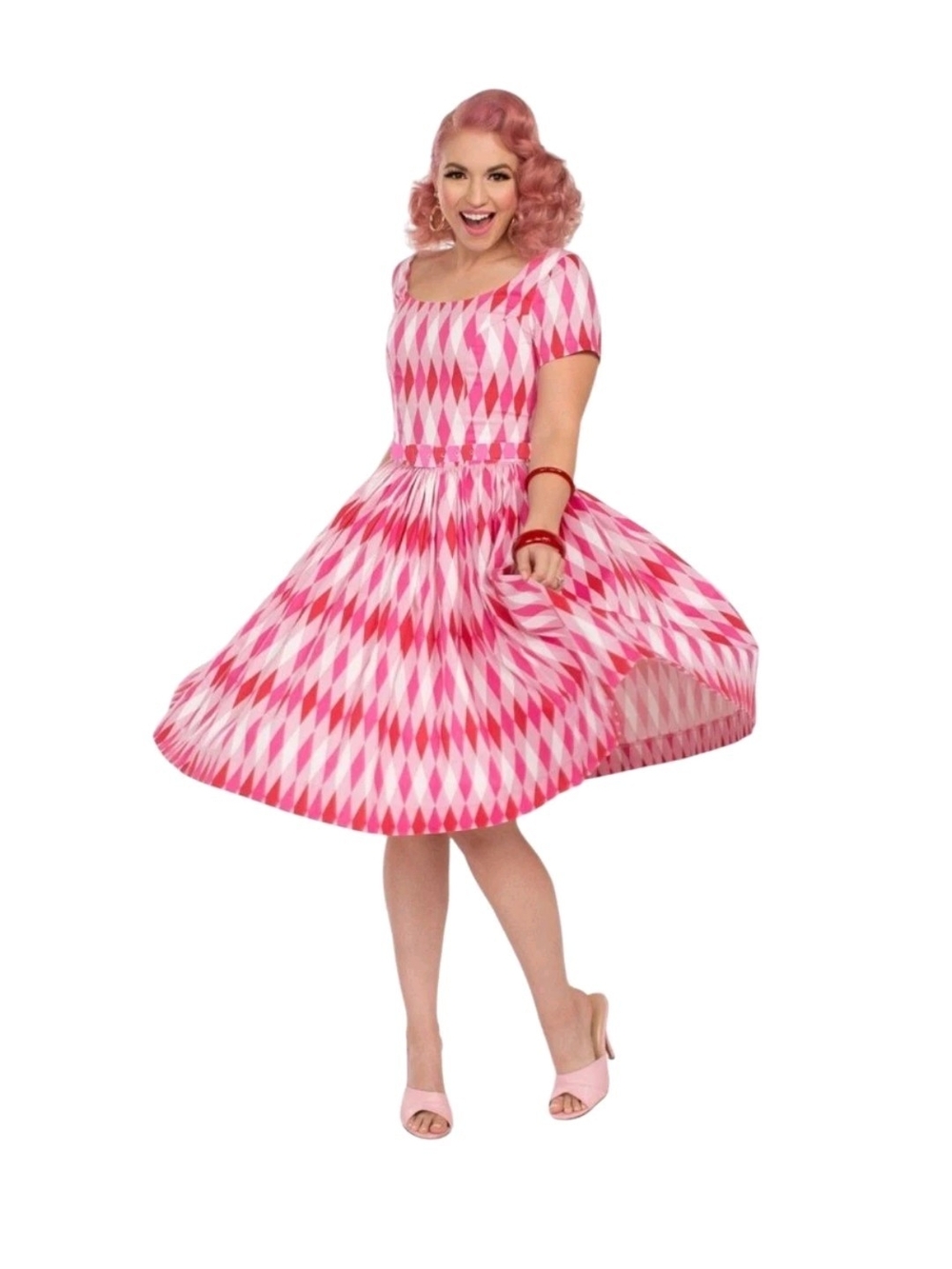 Pinup Couture Edie Pink Diamond Valentine Harlequin Fit & Flare Dress- Small